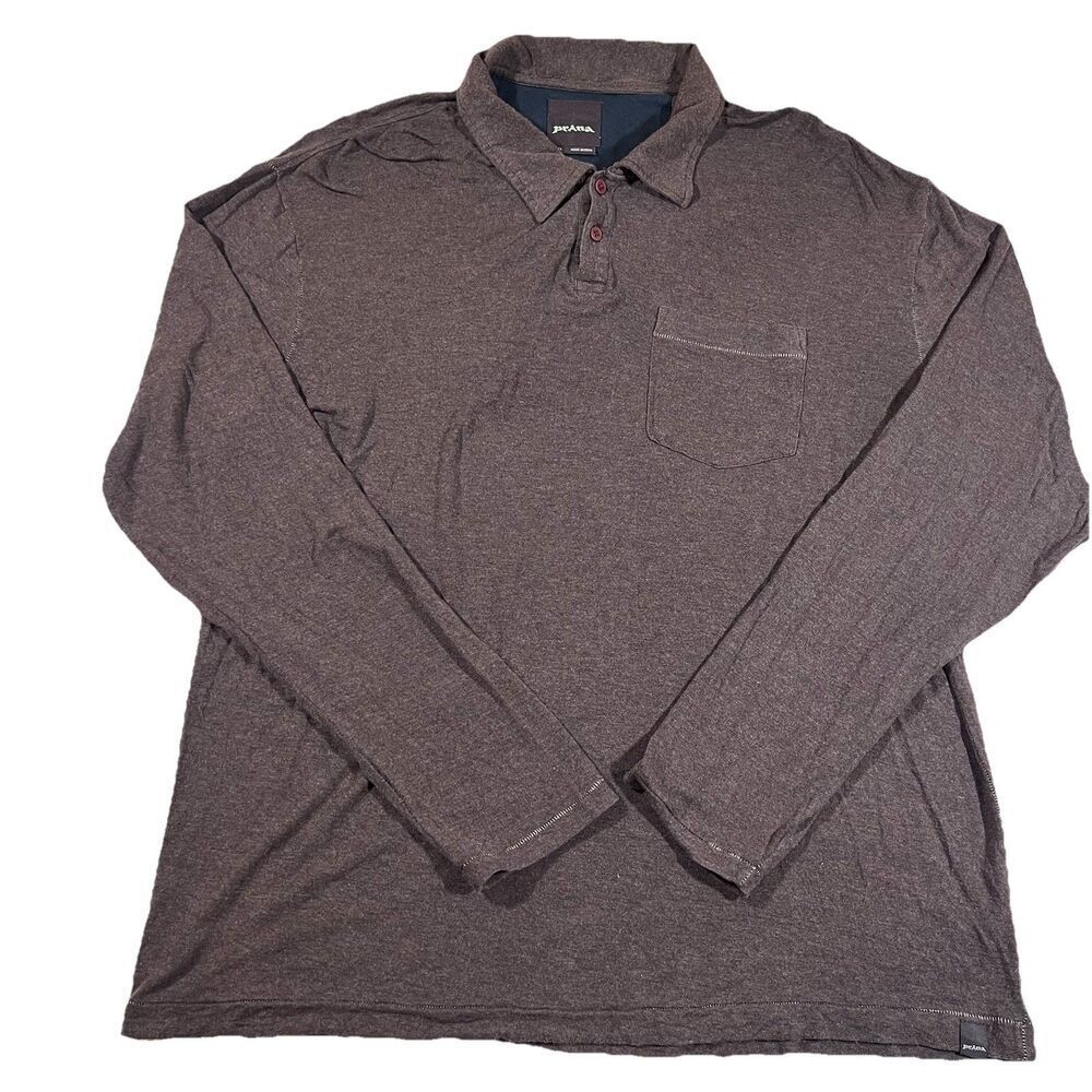 PrAna Long Sleeve Brown Polo Shirt Chest Pocket Men's Size Large